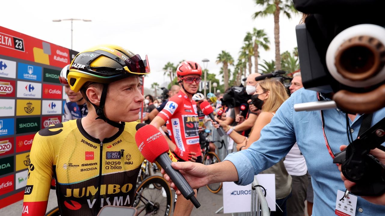 CARTAGENA, SPAIN - SEPTEMBER 03: Jonas Vingegaard of Denmark and Team Jumbo-Visma meets the media press prior to the 78th Tour of Spain 2023 - Stage 9 a 184,5 stage from Cartagena to Collado de la Cruz de Caravaca 1089m / #UCIWT / on September 03, 2023 in Cartagena, Spain. (Photo by Alexander Hassenstein/Getty Images)