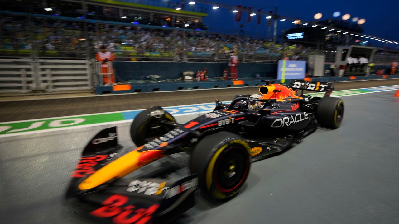 Red Bull driver Max Verstappen of the Netherlands drives during practice session of the Singapore Formula One Grand Prix, at the Marina Bay City Circuit in Singapore, Friday, Sept. 30, 2022. (AP Photo/Vincent Thian)