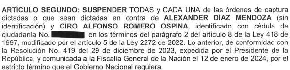 Suspensión de órdenes de captura en contra de Alexander Díaz Mendoza y Ciro Alfonso Romero Ospina.