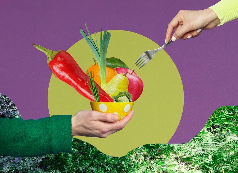 Collage de manos comiendo frutas y verduras