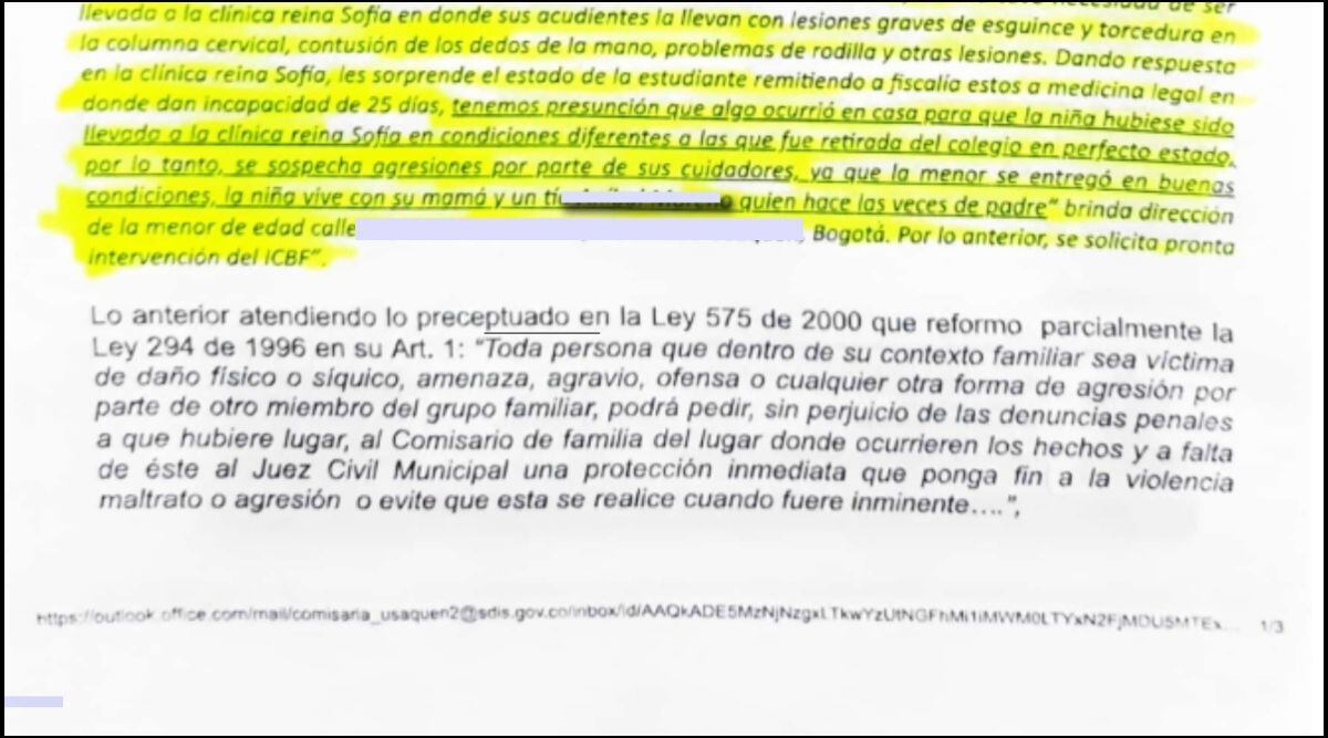 Denuncia en comisaría segunda de Usaquén | Foto: Archivo de familia de presunta víctima proporcionado a SEMANA
