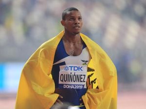 (FILES) In this file photo taken on October 01, 2019 Ecuador's Alex Quinonez celebrates after taking bronze in the Men's 200m final at the 2019 IAAF Athletics World Championships at the Khalifa International stadium in Doha. - Ecuadorian Olympic sprinter Alex Qui�onez, 32, was killed in the port of Guayaquil (southwest), the sports ministry said on October 23, 2021. (Photo by MUSTAFA ABUMUNES / AFP)