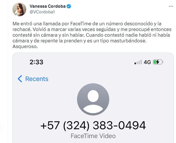 Vanessa Córdoba denunció acoso sexual a través de una videollamada.