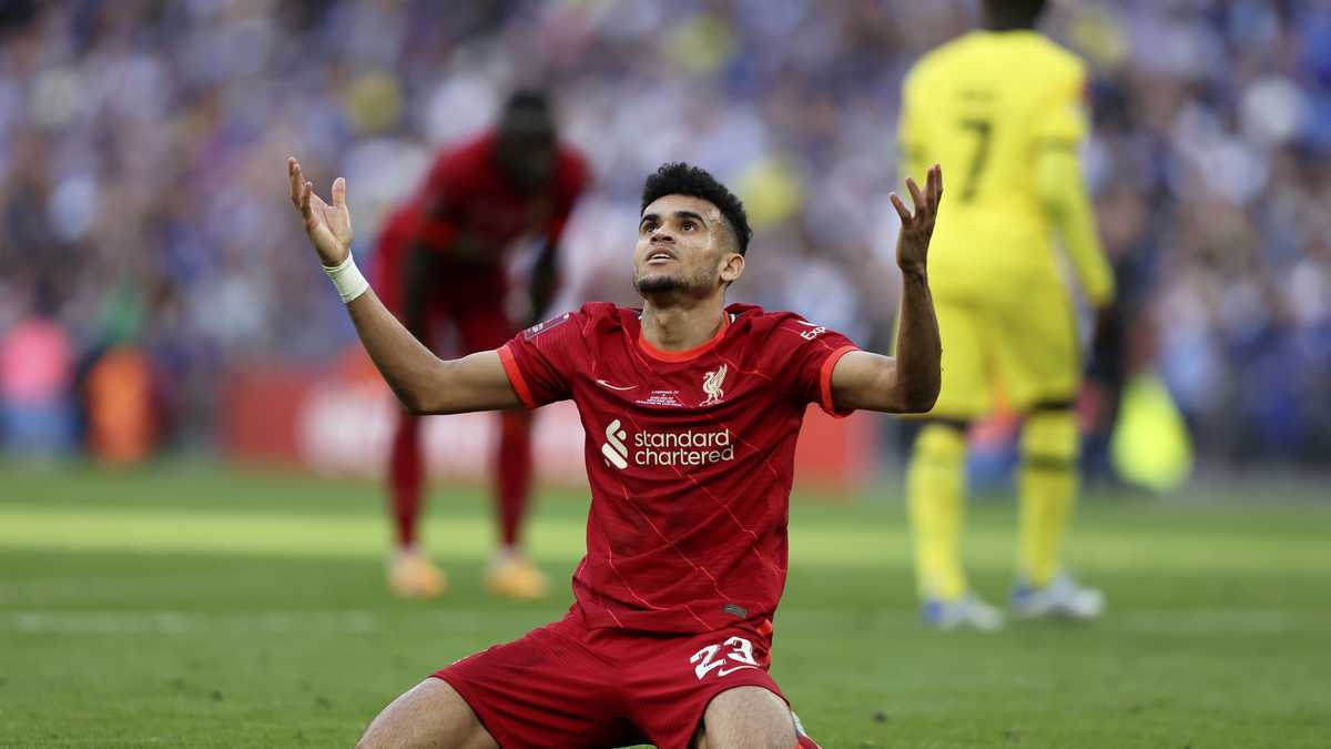 Liverpool's Luis Diaz reacts after a missed chance to score during the English FA Cup final soccer match between Chelsea and Liverpool, at Wembley stadium, in London, Saturday, May 14, 2022. (AP Photo/Ian Walton)