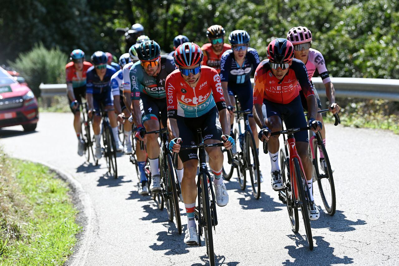 LA-CRUZ-DE-LINARES, SPAIN - SEPTEMBER 14: (L-R) Andreas Kron of Denmark and Team Lotto Dstny and Egan Bernal of Colombia and Team INEOS Grenadiers compete in the breakaway during the 78th Tour of Spain 2023, Stage 18 a 178.9km stage from Pola de Allande to La Cruz de Linares 840m / #UCIWT / on September 14, 2023 in La Cruz de Linares, Spain. (Photo by Tim de Waele/Getty Images)