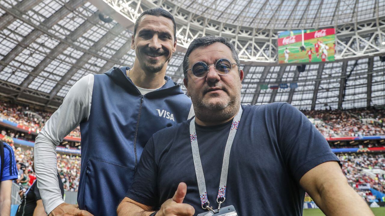 (L-R) Zlatan Ibrahimovic, players agent Mino Raiola during the 2018 FIFA World Cup Russia group F match between Germany and Mexico at the Luzhniki Stadium on June 17, 2018 in Moscow, Russia(Photo by Getty Images/VI Images)