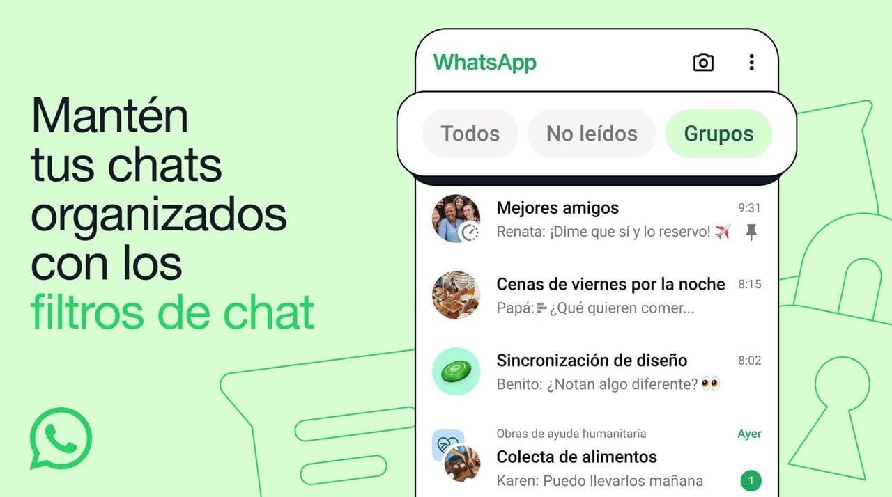 Interfaz de WhatsApp con los nuevos filtros para los chats.