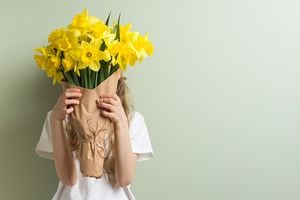 Child girl holding bouquet of yellow narcissus flowers. Gift, surprise, spring family holiday