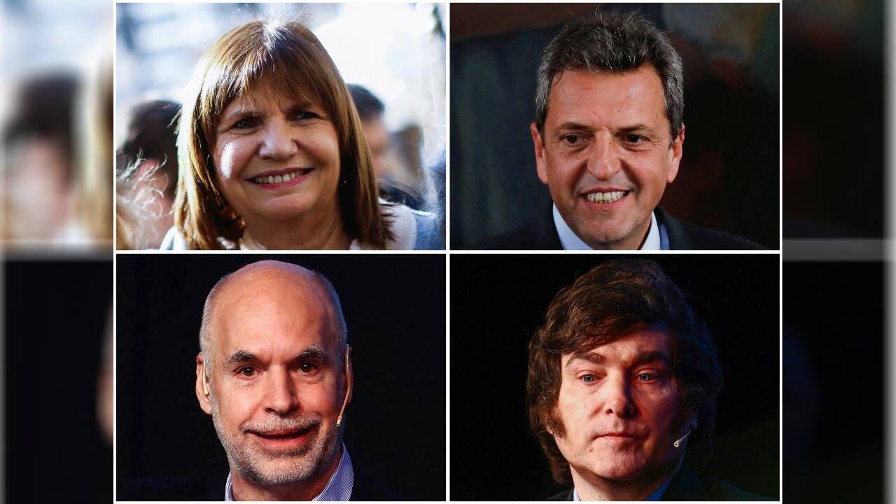 Precandidatos presidenciales de Argentina Sergio Massa, Patricia Bullrich, Horacio Rodríguez Larreta y el candidato Javier Milei.