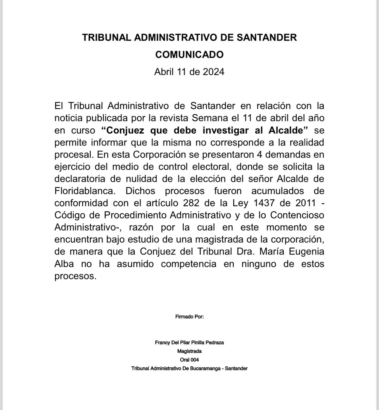 Comunicado del Tribunal Administrativo de Santander.