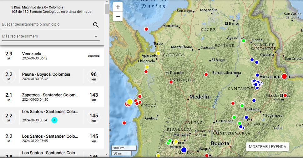 El Servicio Geológico Colombiano reporta en tiempo real los sismos que ocurren en el territorio nacional.