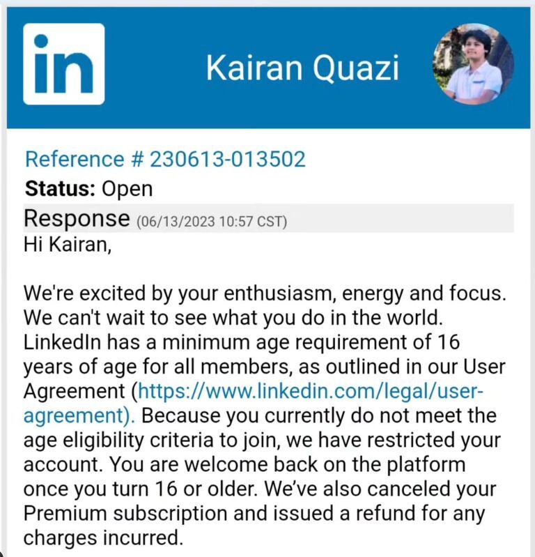 Kairan Quazi tuvo problemas con LinkedIn para poder subir su perfil, pues tiene 14 años y el límite establecido por la red social es de 16 años.