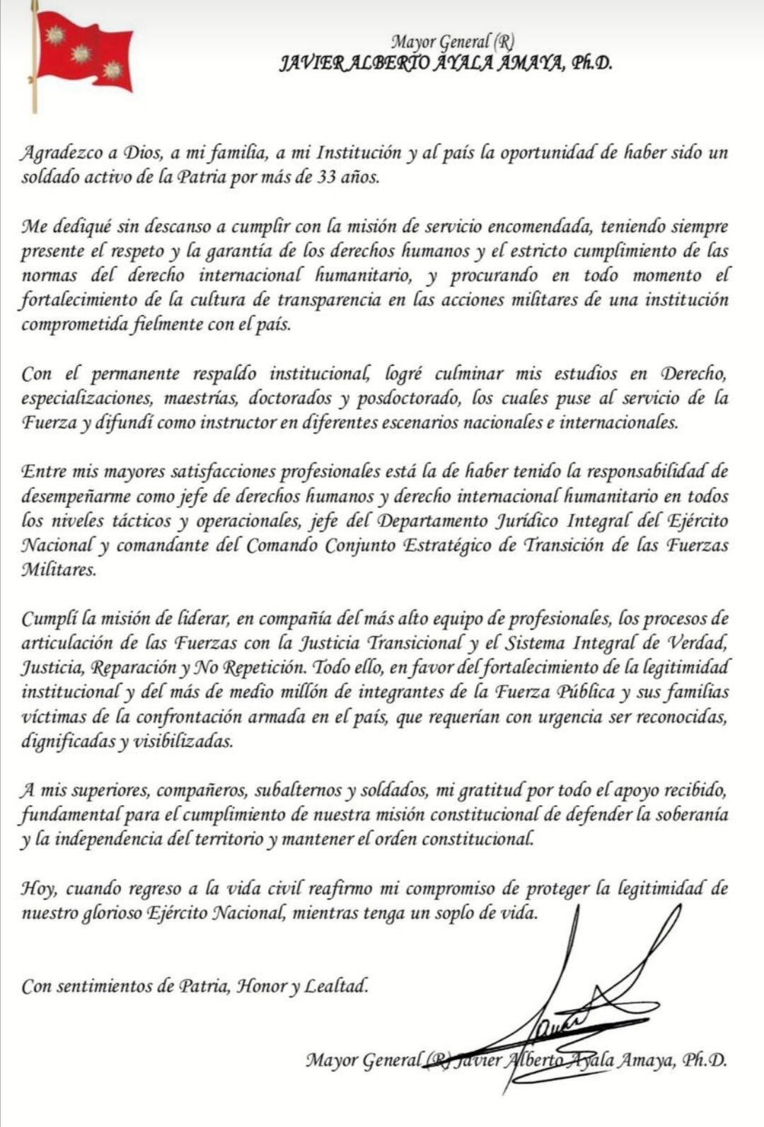 Carta de despedida del General Javier Ayala.