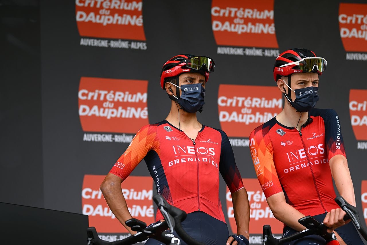 CHAMBON-SUR-LAC, FRANCE - JUNE 04: (L-R) Egan Bernal of Colombia and Ben Turner of The United Kingdom and Team INEOS Grenadiers prior to the 75th Criterium du Dauphine 2023, Stage 1 a 158km stage from Chambon-sur-Lac to Chambon-sur-Lac / #UCIWT / on June 04, 2023 in Chambon-sur-Lac, France. (Photo by Dario Belingheri/Getty Images)
