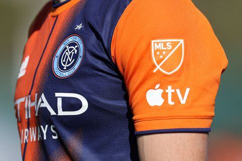 INDIO, CA - FEBRUARY 15: A detailed general view of the MLS logo on the sleeve of a New York City FC player along with the Apple TV logo - Apple and Major League Soccer present all MLS matches around the world for 10 years, beginning in 2023 during the MLS Pre-Season 2023 Coachella Valley Invitational match between New York City FC v St. Louis City SC  at Empire Polo Club on February 15, 2023 in Indio, California. (Photo by Matthew Ashton - AMA/Getty Images)