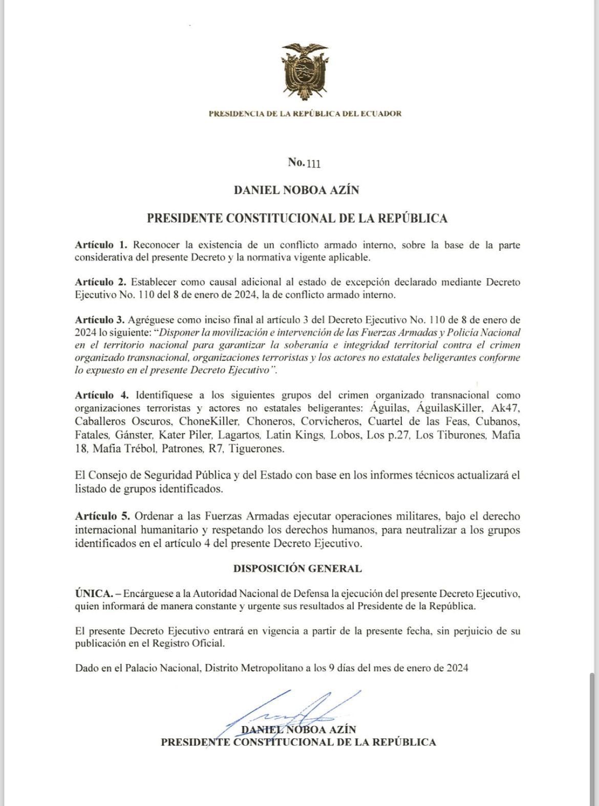 Este fue el decreto que firmó el presidente de Ecuador, Daniel Noboa Azin, para hacer frente al caos armado.