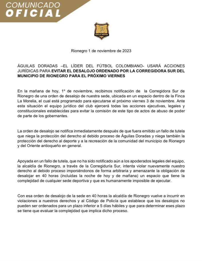 El club denuncia a la Alcaldía de Rionegro por "abuso de autoridad"