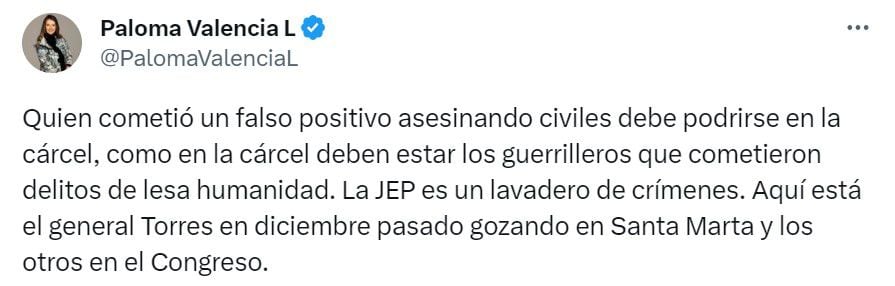 La publicación de la senadora Paloma Valencia ha reavivado el debate sobre la Jurisdicción Especial para la Paz (JEP) y los procesos relacionados con los "falsos positivos" en Colombia.