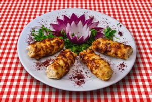 Chicken kebab with onion adn green vegetables on checked tablecloth