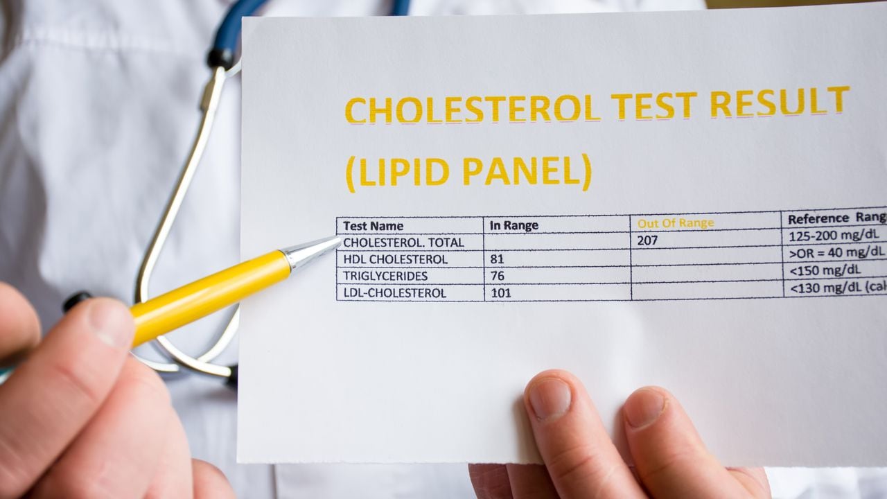 El médico indica al paciente o colega en el resultado de la prueba de colesterol o el panel de lípidos, de pie en bata médica blanca. Fotografía conceptual para ilustrar el diagnóstico y la detección del colesterol alto o bajo en la sangre