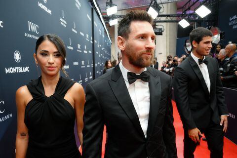 PARIS, FRANCE - MAY 08: Laureus World Sportsman of the Year 2023 nominee Lionel Messi and wife Antonella Roccuzzo arrives at the 2023 Laureus World Sport Awards Paris red carpet arrivals at Cour Vendome on May 08, 2023 in Paris, France. (Photo by Kristy Sparow/Getty Images for Laureus)
