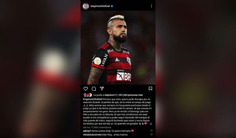 Arturo Vidal se excusó ante la gente de Flamengo en su cuenta de Instagram.