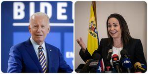María Corina Machado se refirió al presidente de EE.UU., Joe Biden. (Fotos: AP Foto/Meg Kinnard y Getty Images)