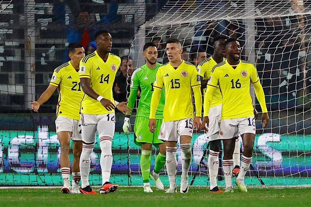 SANTIAGO, CHILE - SEPTEMBER 12: Jefferson Lerma (R) of Colombia reacts with teammates during a FIFA World Cup 2026 Qualifier match between Chile and Colombia at Estadio Monumental David Arellano on September 12, 2023 in Santiago, Chile. (Photo by Marcelo Hernandez/Getty Images)