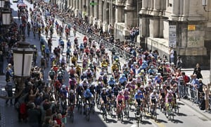 The start the fifth stage of the Giro D'Italia cycling race from Catania to Messina, Italy, Wednesday, May 11, 2022. (Massimo Paolone/LaPresse via AP)