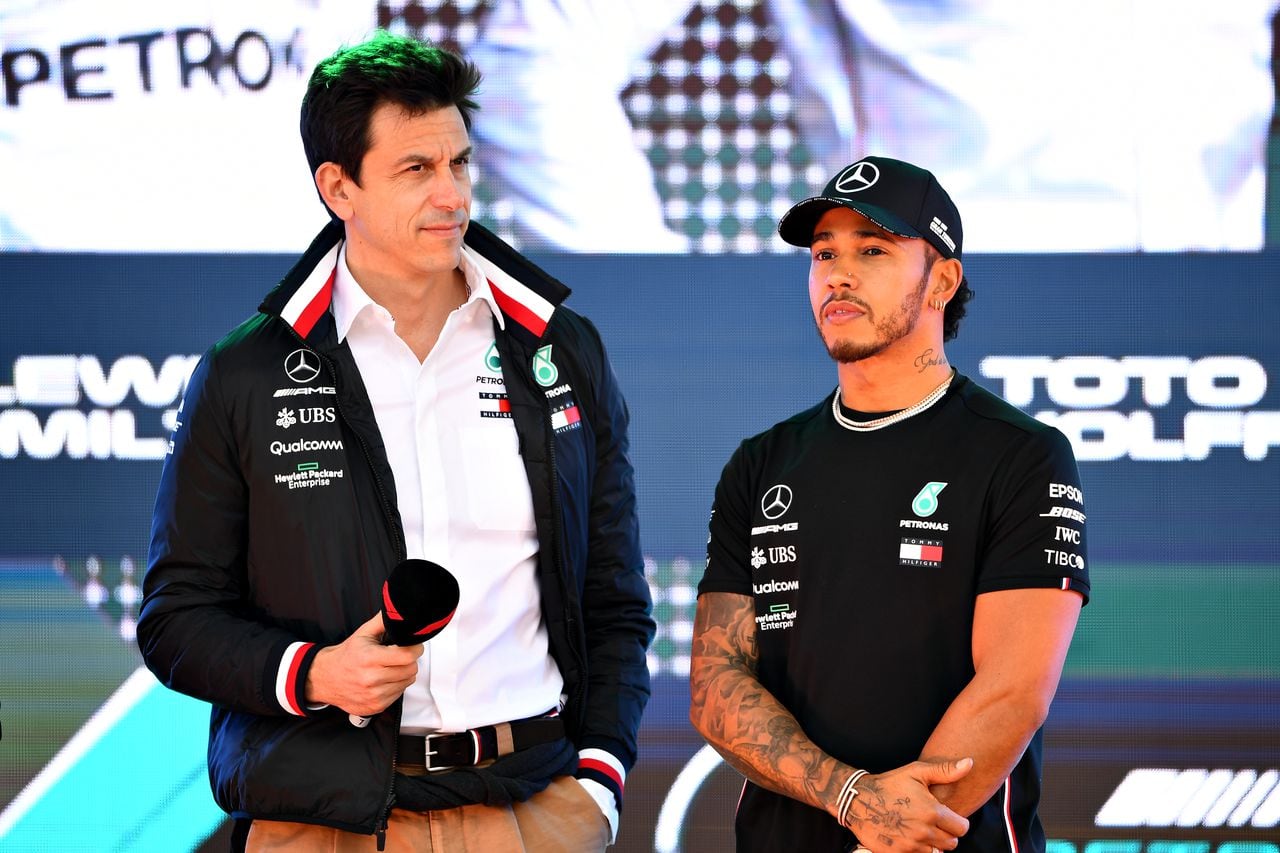 MELBOURNE, AUSTRALIA - MARCH 13: Lewis Hamilton of Great Britain and Mercedes GP and Mercedes GP Executive Director Toto Wolff on stage for the F1 Live event during previews ahead of the F1 Grand Prix of Australia at Melbourne Grand Prix Circuit on March 13, 2019 in Melbourne, Australia. (Photo by Clive Mason/Getty Images)