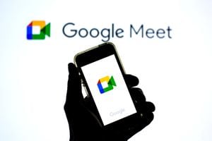 SPAIN - 2021/04/20: In this photo illustration a Google Meet app in seen displayed on a smartphone with the Google Meet logo in the background. (Photo Illustration by Thiago Prudencio/SOPA Images/LightRocket via Getty Images)