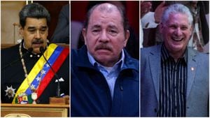 De izquierda a derecha: presidente de Venezuela, Nicolás Maduro; Nicaragua, Daniel Ortega y Cuba, Miguel Díaz-Canel.