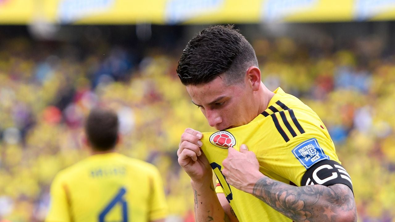 BARRANQUILLA, COLOMBIA - OCTOBER 12: James Rodriguez of Colombia celebrates after scoring the first goal of his team during a FIFA World Cup 2026 Qualifier match between Colombia and Uruguay at Roberto Melendez Metropolitan Stadium on October 12, 2023 in Barranquilla, Colombia. (Photo by Gabriel Aponte/Getty Images)
