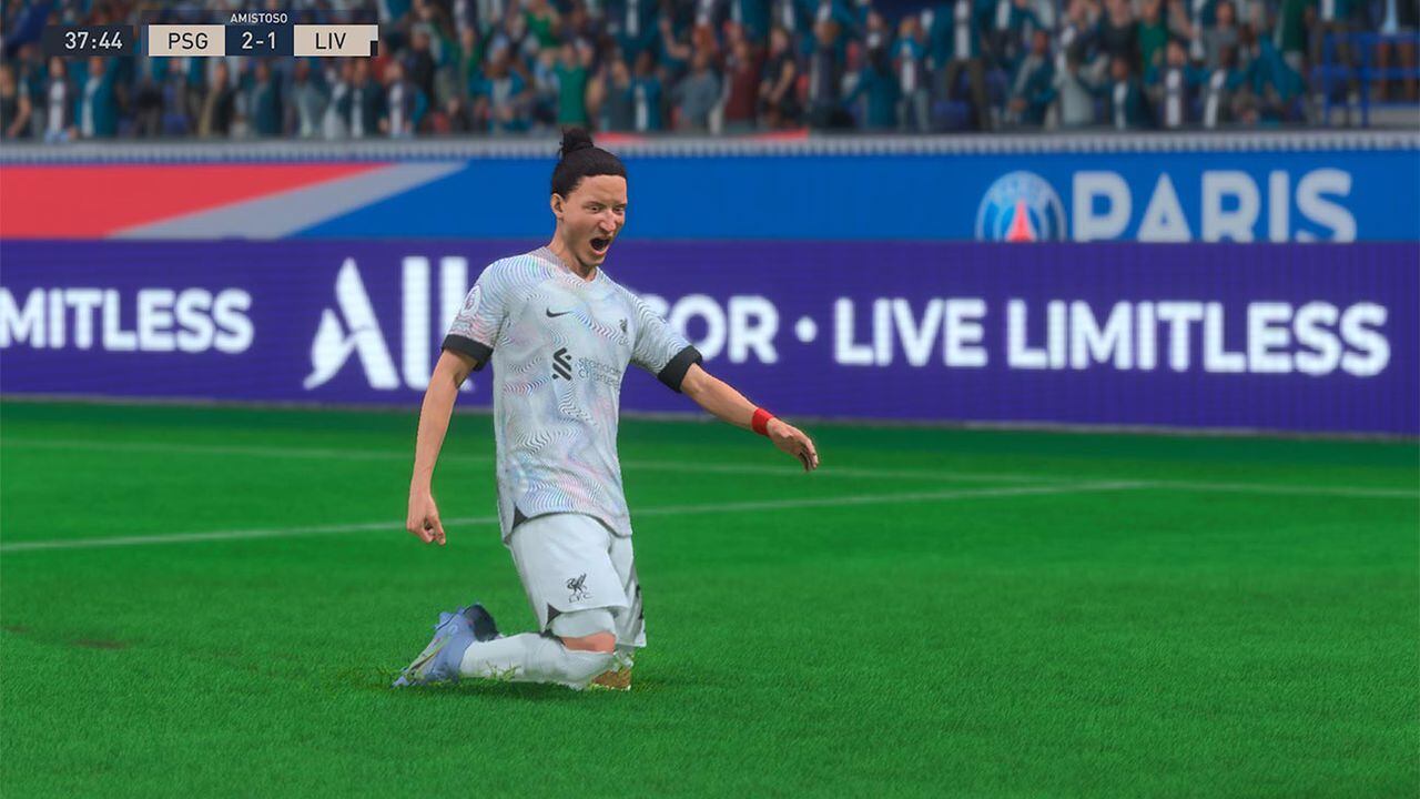 Animación en celebración de un gol durante un Partido de FIFA 23.