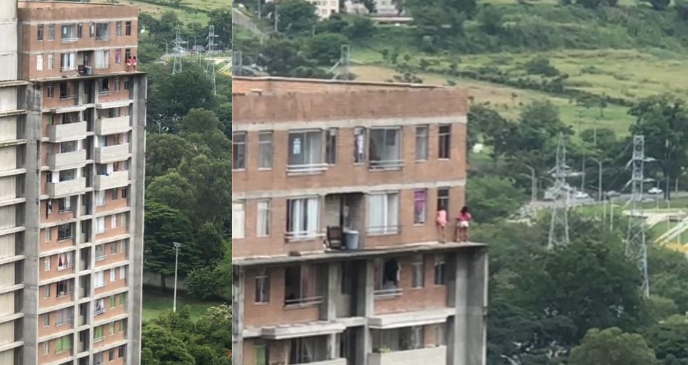 Maniobras peligrosas en el último piso de un edificio en Bello, Antioquia.