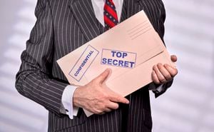 businessman wearing pinstripe suit holding confidential top secret file