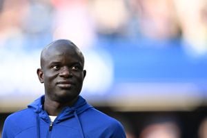 (FILES) Chelsea's French midfielder N'Golo Kante reacts at the end of the English Premier League football match between Chelsea and Newcastle United at Stamford Bridge in London on May 28, 2023. Saudi club Al-Ittihad announced on June 20, 2023 the signing of French midfielder N'Golo Kante. (Photo by JUSTIN TALLIS / AFP) / RESTRICTED TO EDITORIAL USE. No use with unauthorized audio, video, data, fixture lists, club/league logos or 'live' services. Online in-match use limited to 120 images. An additional 40 images may be used in extra time. No video emulation. Social media in-match use limited to 120 images. An additional 40 images may be used in extra time. No use in betting publications, games or single club/league/player publications. / 