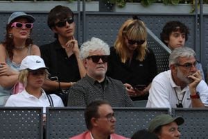 Spanish film director Pedro Almodovar (C) attends the 2023 ATP Tour Madrid Open tennis tournament singles final match between Spain's Carlos Alcaraz Germany's Jan-Lennard Struff at Caja Magica in Madrid on May 7, 2023. (Photo by Pierre-Philippe MARCOU / AFP)