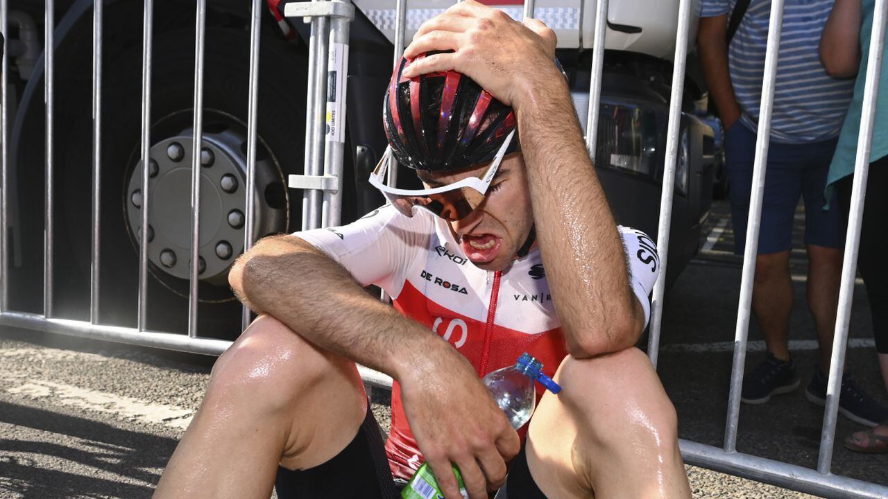 Benjamin Thomas of France, who broke away and got caught by the pack in the last kilometer of the race, reacts after crossing the finish line of the fifteenth stage of the Tour de France cycling race over 202.5 kilometers (125.5 miles) with start in Rodez and finish in Carcassonne, France, Sunday, July 17, 2022. (AP/Tim De Waele/Pool )
