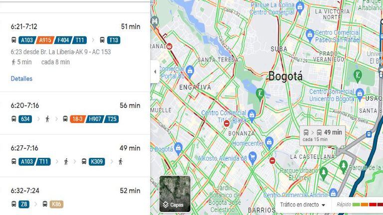 Google Maps - rutas de sitp - recorrido Bogotá
