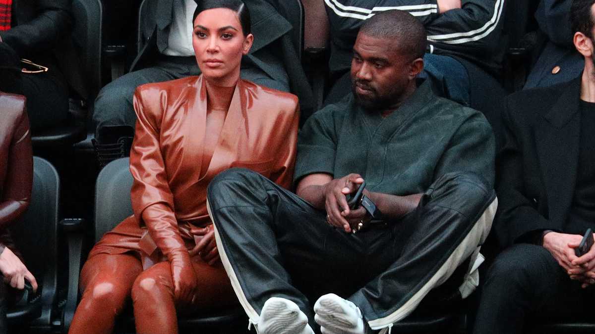 Kim Kardashian and Kanye West attend the Balenciaga show on March 2020 in Paris, France. (Photo by Pierre Suu/Getty Images)