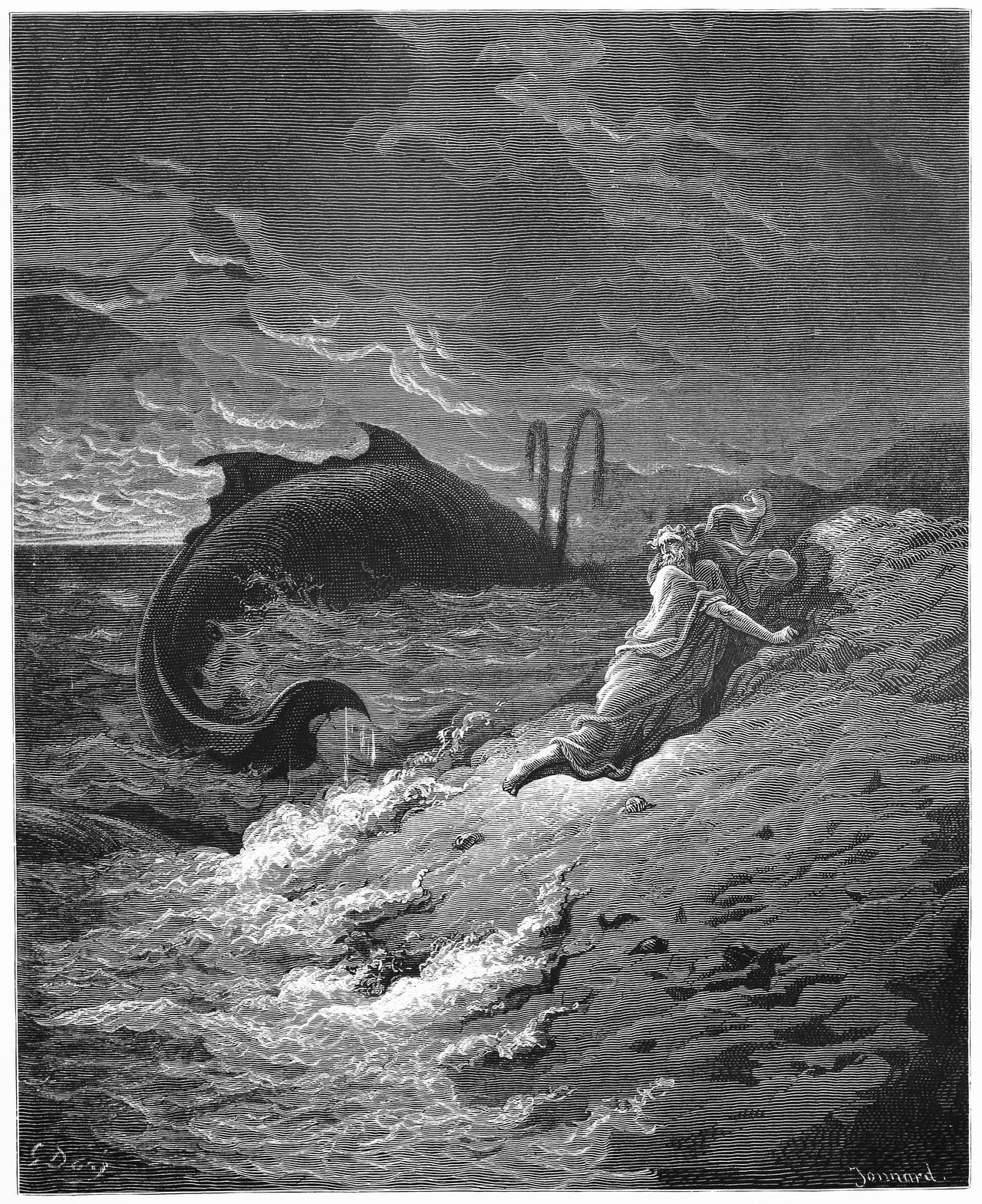 Gustave Doré. Jonas éjectées sur la terre ferme par la baleine (1866). Grabado sobre madera/ La Grande Bible de Tours. Cortesía de Editorial Panamericana.