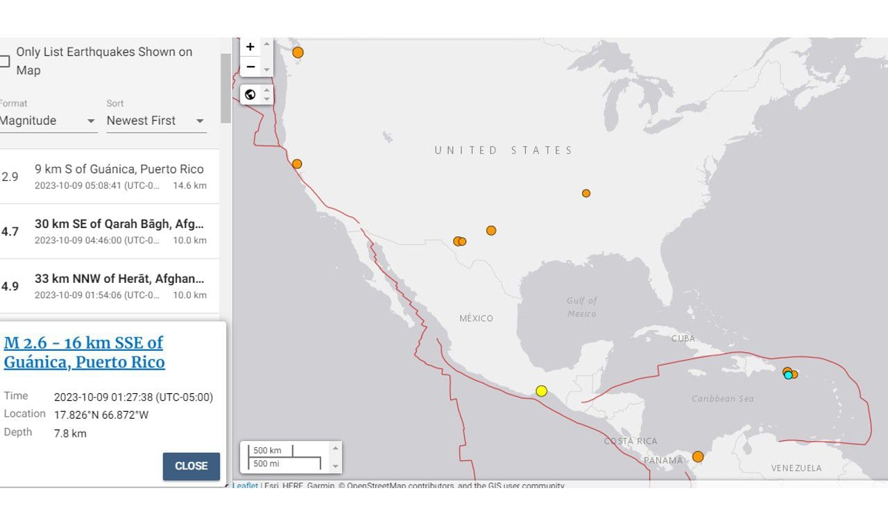 Así registró el USGS los temblores en Texas y Puerto Rico el lunes 9 de octubre de 2023