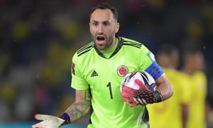 Colombia's goalkeeper David Ospina gestures during the South American qualification football match for the FIFA World Cup Qatar 2022 between Colombia and Argentina at the Roberto Melendez Metropolitan Stadium in Barranquilla, Colombia, on June 8, 2021.
Raul ARBOLEDA / AFP