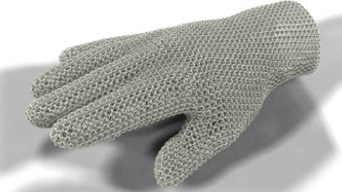Guante en cota de malla como el que se usaba en el medioevo, diseñado por Within para mostrar las posibilidades de los programas de diseño e impresión en 3D en la fabricación de prendas. Hay en acero, titanio y nylon.