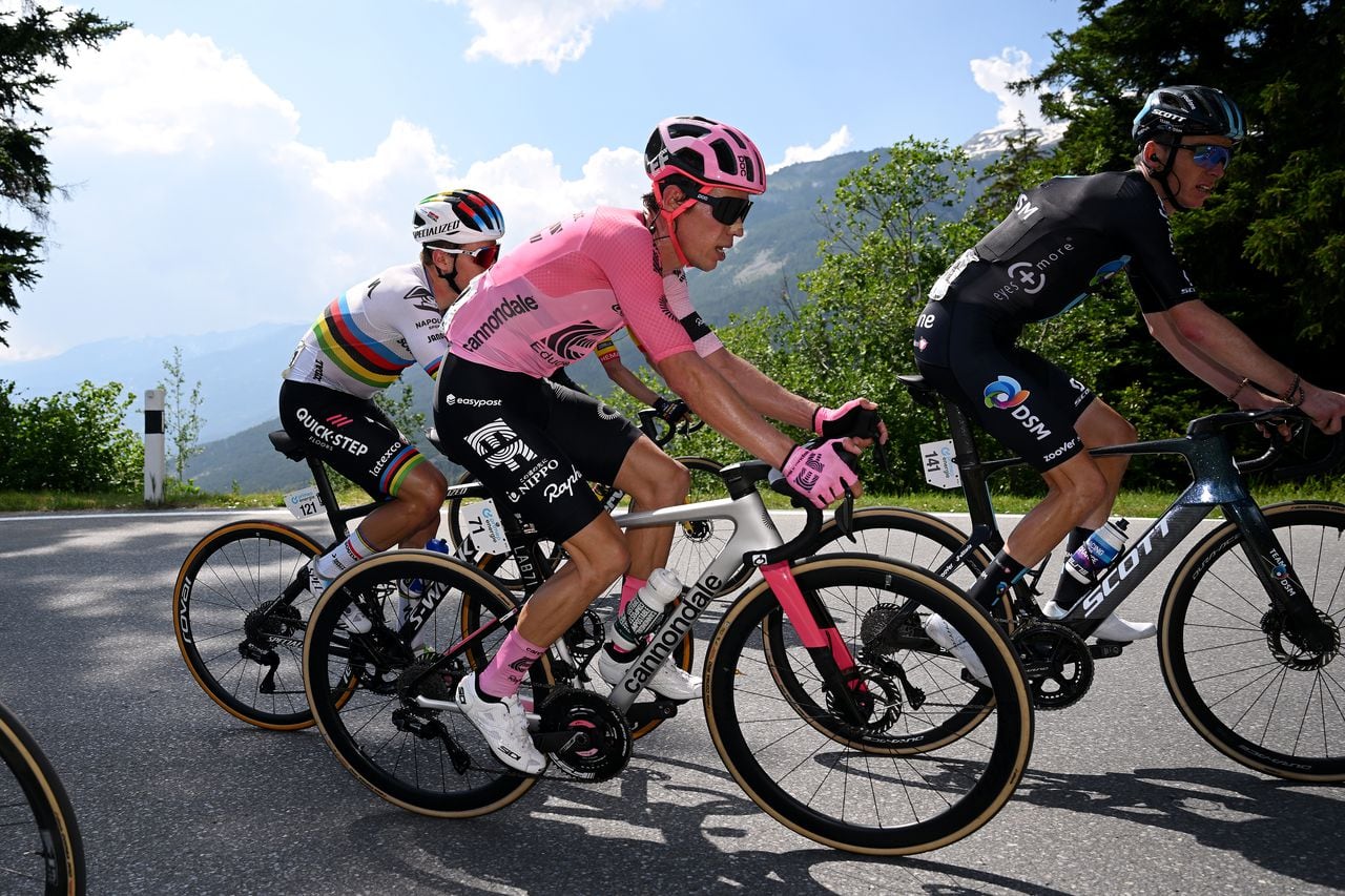 LEUKERBAD, SWITZERLAND - JUNE 14: (L-R) Remco Evenepoel of Belgium and Team Soudal Quick-Step, Rigoberto Uran of Colombia and Team EF Education-EasyPost and Romain Bardet of France and Team DSM compete during the 86th Tour de Suisse 2023, Stage 4 a 152.5km stage from Monthey to Leukerbad 1367m / #UCIWT / on June 14, 2023 in Leukerbad, Switzerland. (Photo by Dario Belingheri/Getty Images)