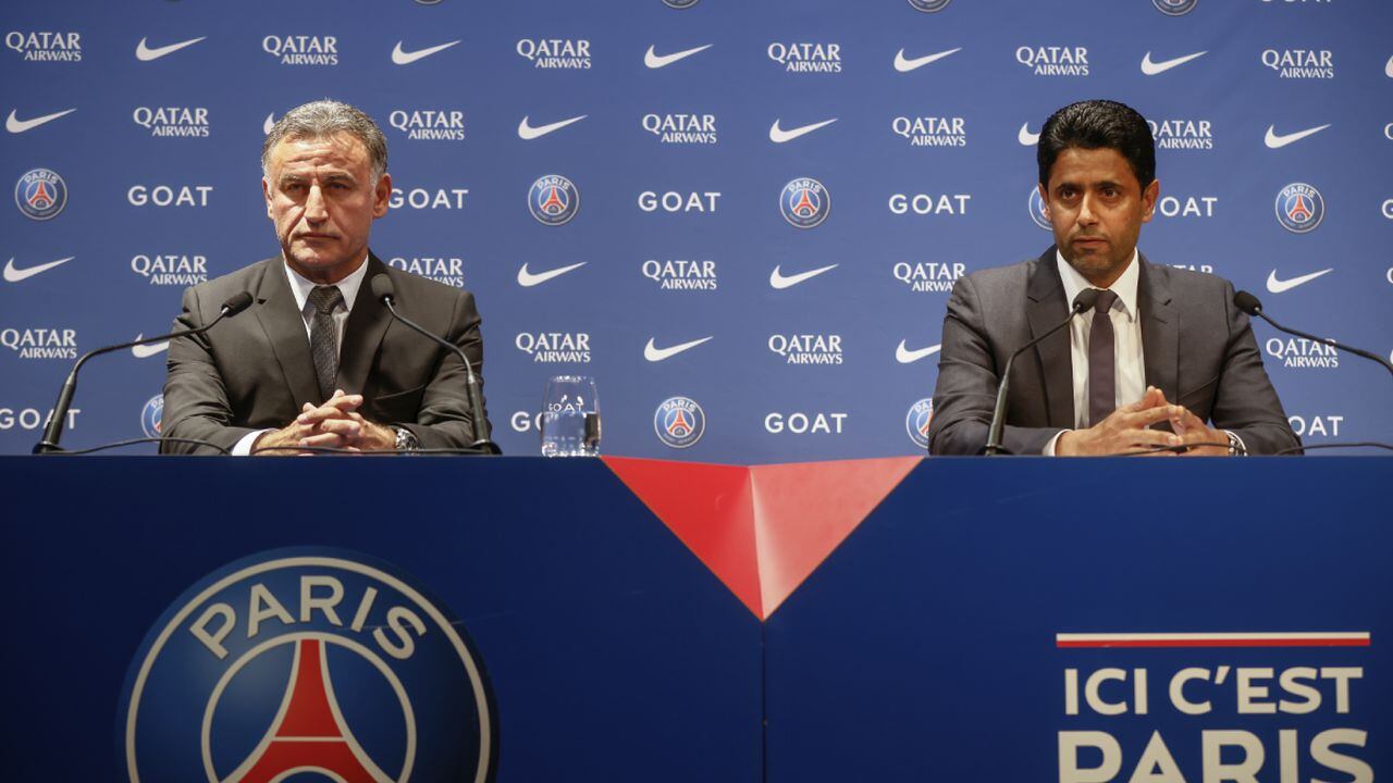 PSG president Nasser al-Khelaifi, right, and Christophe Galtier attend a press conference at the Parc des Princes stadium, Tuesday, July 5, 2022 in Paris. Christophe Galtier became Paris Saint-Germain's seventh coach in 11 years under the club's ambitious Qatari-backed ownership, with Mauricio Pochettino becoming the fourth straight coach to be fired during that time. (AP/Thomas Padilla)