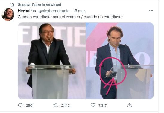 Gustavo Petro dio 'Retweet' a un meme compartido por un internauta en el que compara la participación del candidato del Pacto Histórico con la de Federico Gutiérrez, del Equipo por Colombia, durante el debate de SEMANA y 'El Tiempo'.