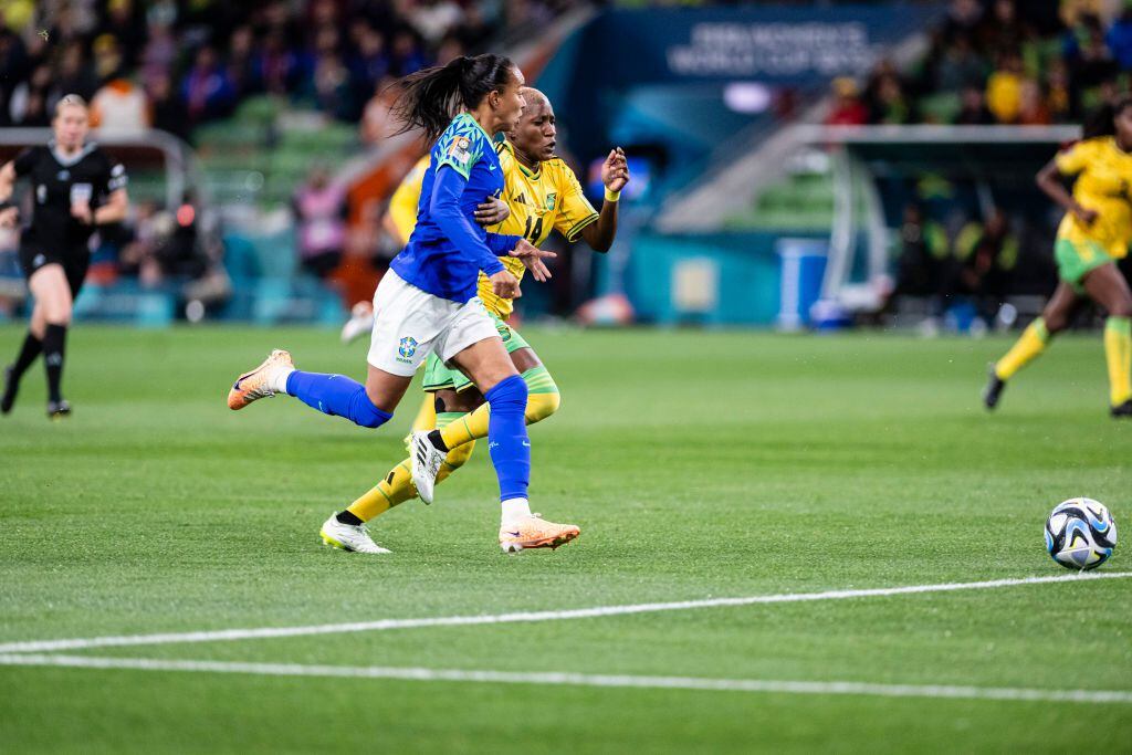 MELBOURNE, AUSTRALIA - AUGUST 02: Adriana Leal of Brazil (L) plays against Carmen Montenegro of Panama (R) during the FIFA Women's World Cup Australia & New Zealand 2023 Group F match between Jamaica and Brazil at Melbourne Rectangular Stadium on August 2, 2023 in Melbourne, Australia. (Photo by Richard Callis/Eurasia Sport Images/Getty Images)