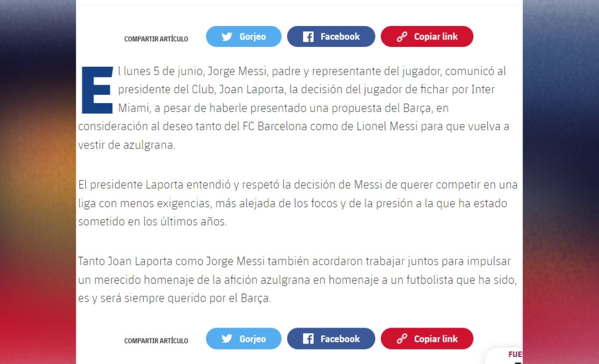 Comunicado Barcelona sobre la llegada de Messi al Inter de Miami